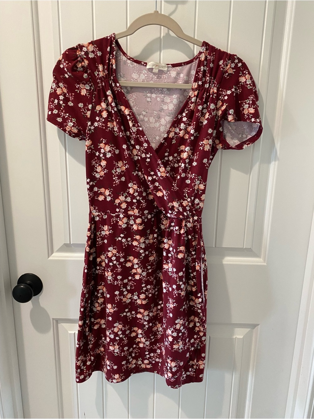 Ultra Flirt Maroon Floral Wrap Mini Dress